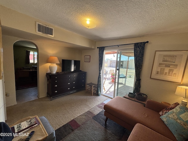 living room with carpet floors and a textured ceiling