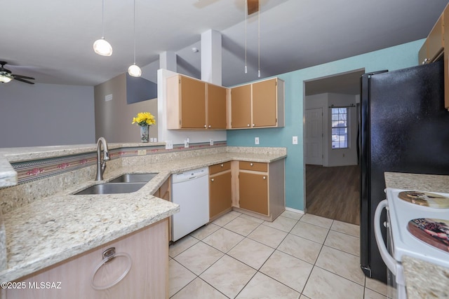 kitchen with decorative light fixtures, sink, light tile patterned floors, ceiling fan, and white appliances