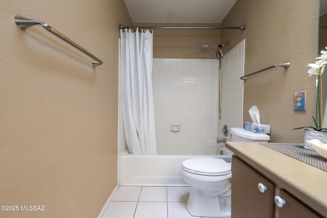 full bathroom featuring shower / bath combination with curtain, tile patterned floors, toilet, and vanity