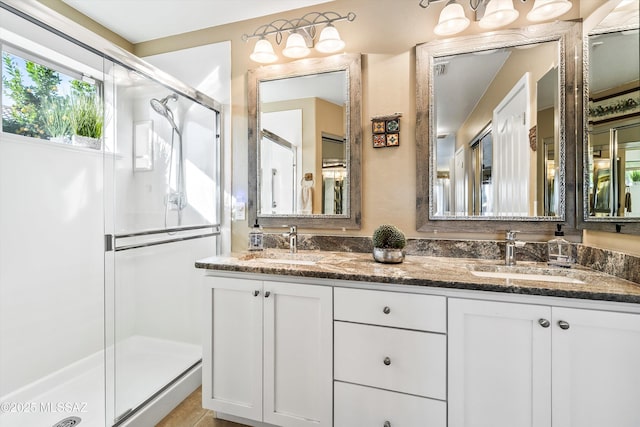 bathroom featuring vanity and a shower with shower door