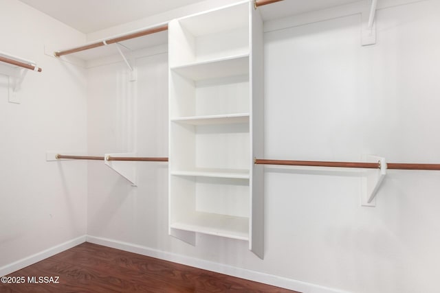 walk in closet with dark hardwood / wood-style flooring