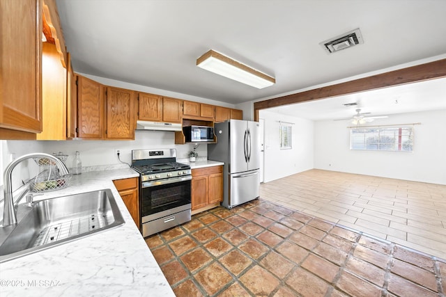 kitchen with ceiling fan, appliances with stainless steel finishes, and sink