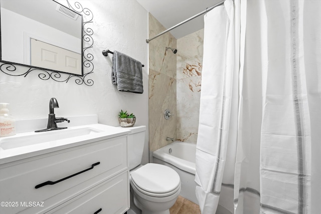 full bathroom with vanity, toilet, and shower / bath combo with shower curtain