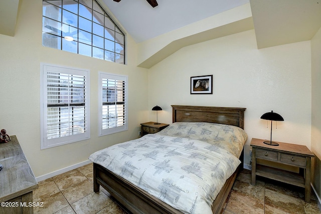 bedroom featuring high vaulted ceiling, ceiling fan, and baseboards