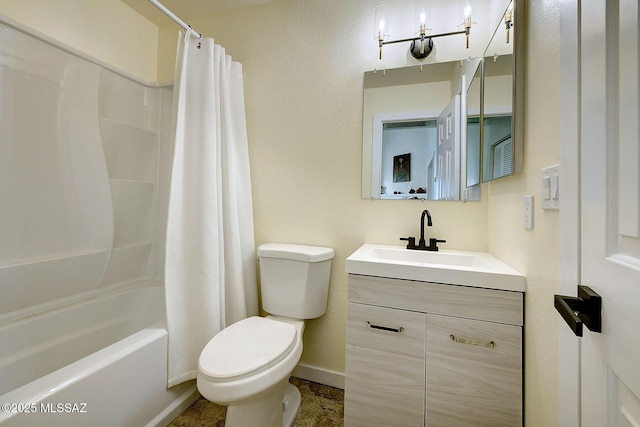 full bathroom with shower / bath combo, baseboards, a textured wall, toilet, and vanity