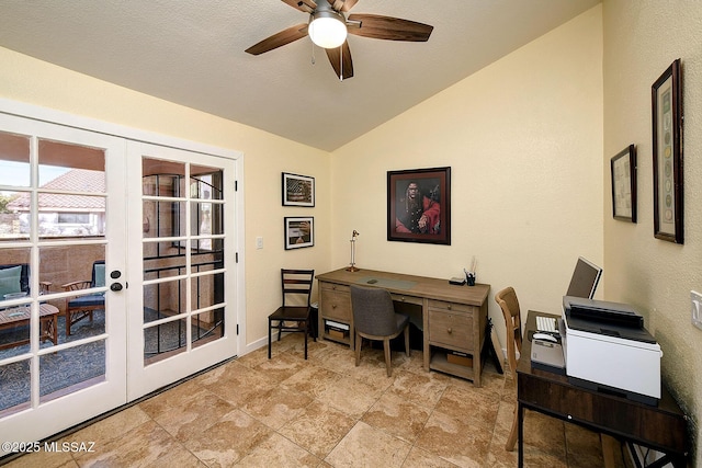 office featuring vaulted ceiling, french doors, a textured ceiling, and a ceiling fan