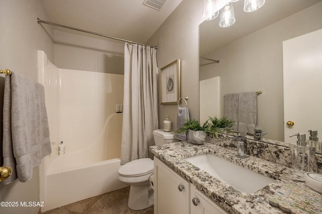 full bathroom with tile patterned flooring, vanity, toilet, and shower / tub combo with curtain