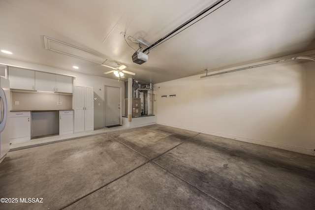 garage featuring a garage door opener and white refrigerator