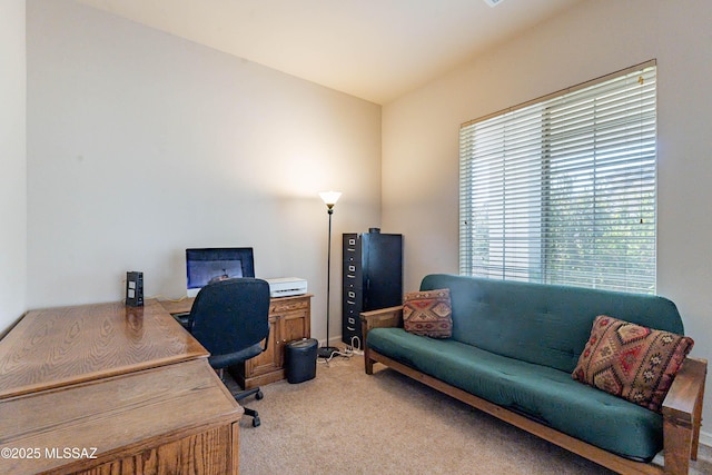 home office featuring light carpet