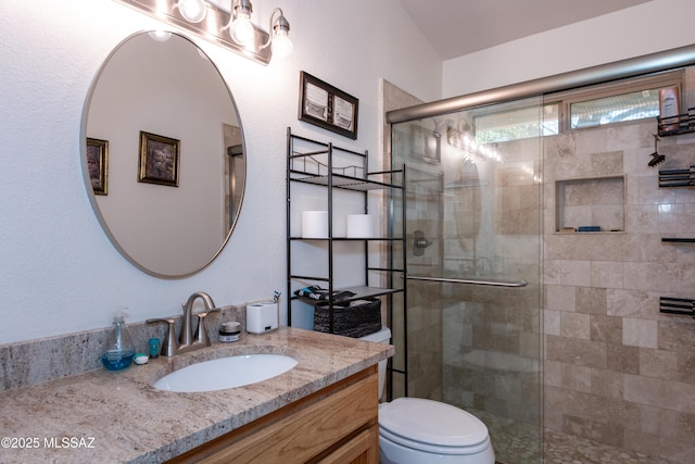 bathroom with vanity, a shower with door, and toilet