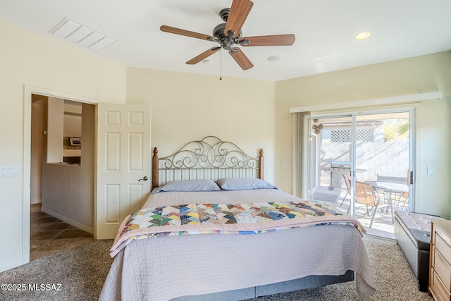 carpeted bedroom featuring ceiling fan and access to outside