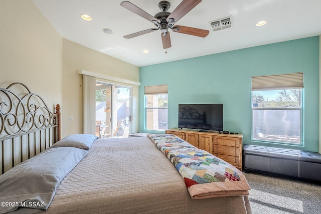 bedroom with ceiling fan and access to outside