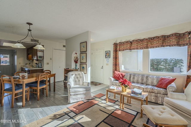 living room featuring plenty of natural light and a textured ceiling