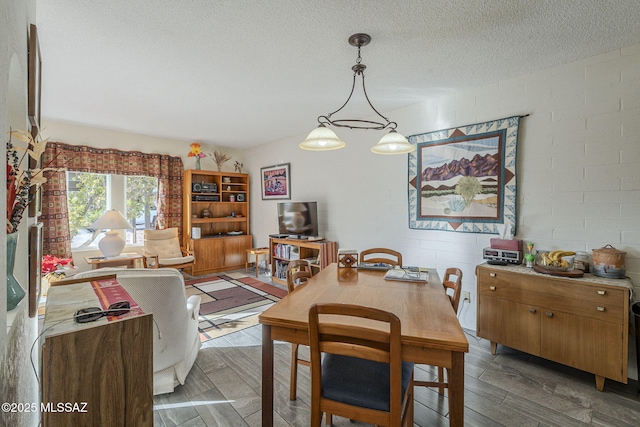 dining space featuring dark hardwood / wood-style floors and a textured ceiling