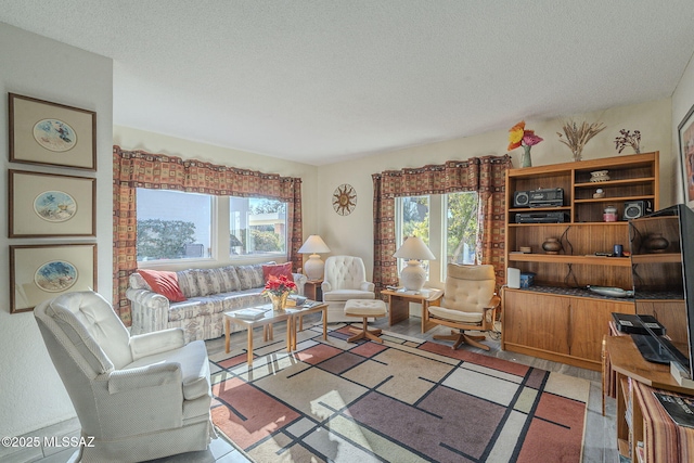 living room with a wealth of natural light and a textured ceiling