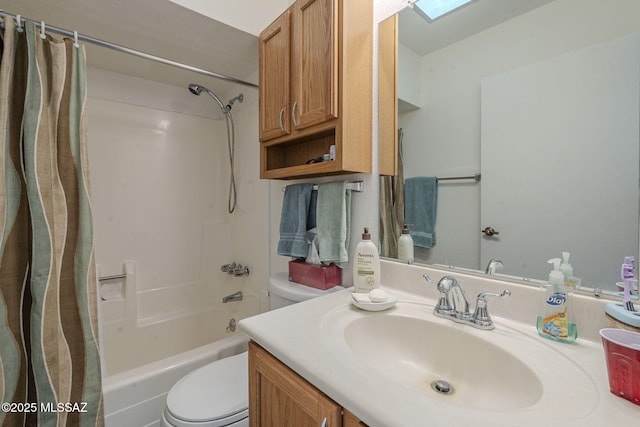 full bathroom with vanity, toilet, and shower / bath combo with shower curtain