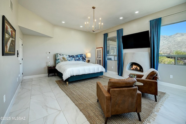 bedroom with a warm lit fireplace, a notable chandelier, recessed lighting, baseboards, and marble finish floor