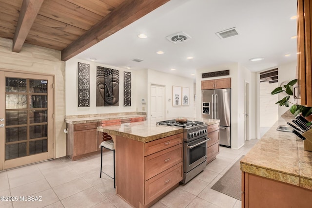 kitchen featuring wood ceiling, beam ceiling, a kitchen breakfast bar, a center island, and high quality appliances