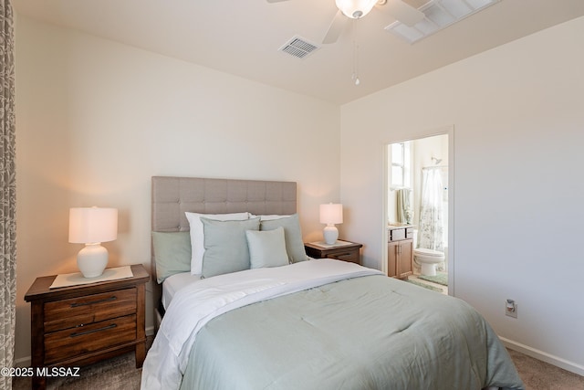 carpeted bedroom featuring ceiling fan and ensuite bathroom