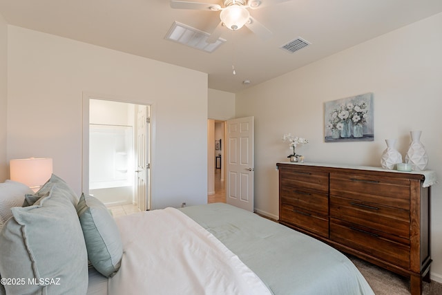 bedroom featuring connected bathroom and ceiling fan