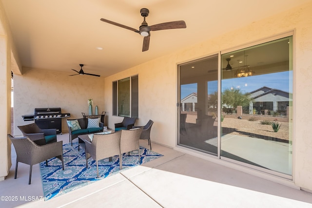 view of patio with grilling area, outdoor lounge area, and ceiling fan