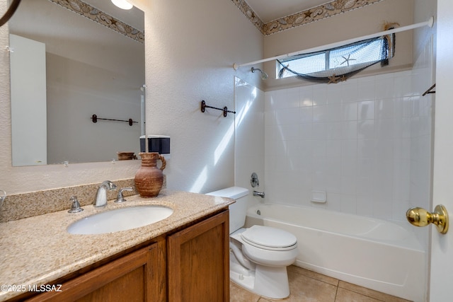 full bathroom featuring toilet, tile patterned floors, vanity, and shower / washtub combination