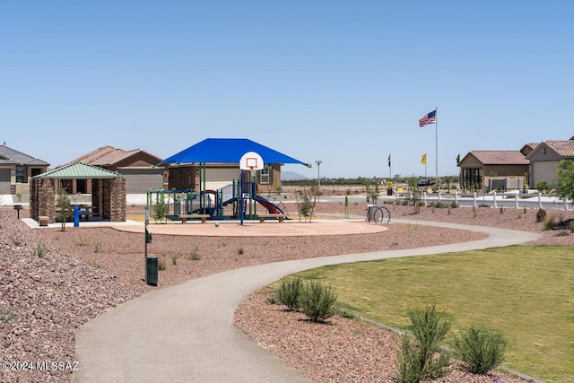 view of jungle gym with a gazebo and a yard