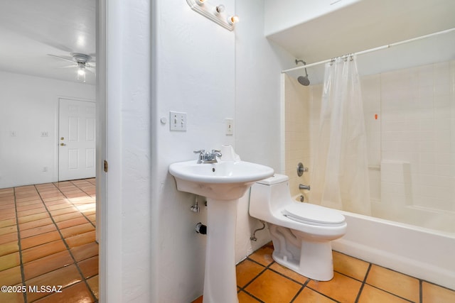 bathroom with ceiling fan, shower / bathtub combination with curtain, tile patterned floors, and toilet