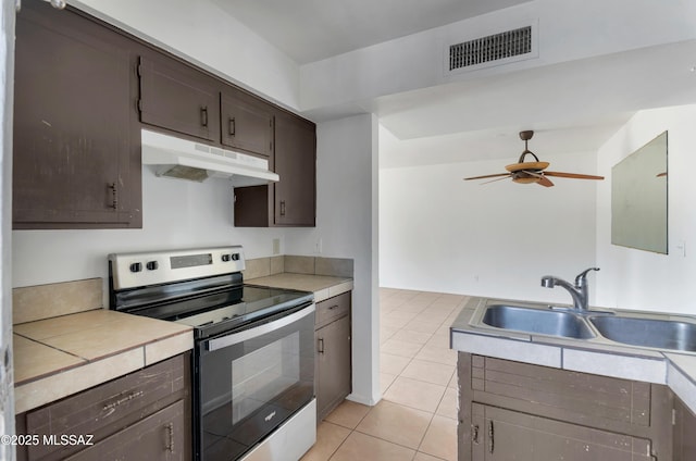 kitchen with dark brown cabinetry, sink, stainless steel range with electric cooktop, light tile patterned floors, and ceiling fan