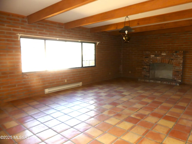 unfurnished living room with a brick fireplace, light tile patterned floors, a baseboard radiator, and beamed ceiling