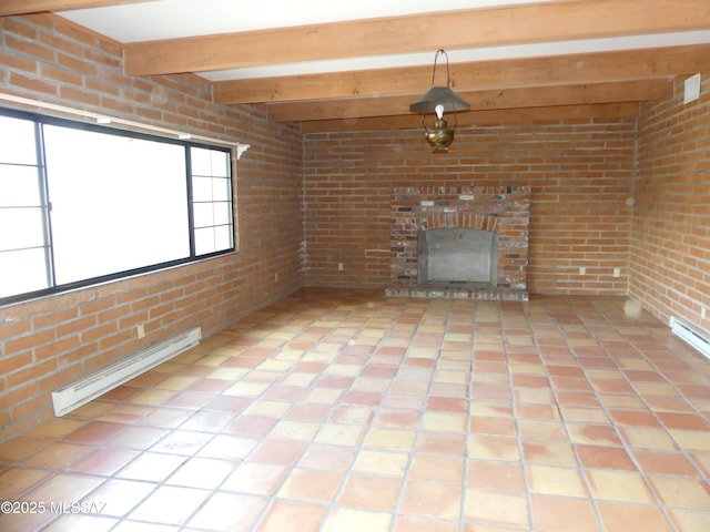 unfurnished living room featuring beamed ceiling, a baseboard radiator, brick wall, and a brick fireplace