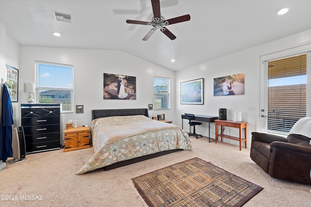 bedroom with multiple windows, lofted ceiling, carpet floors, and ceiling fan