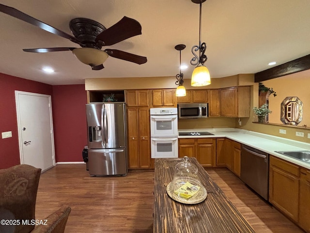 kitchen featuring appliances with stainless steel finishes, sink, hanging light fixtures, ceiling fan, and dark wood-type flooring