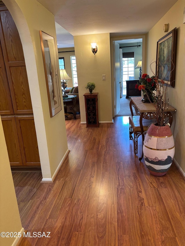 corridor with dark hardwood / wood-style flooring