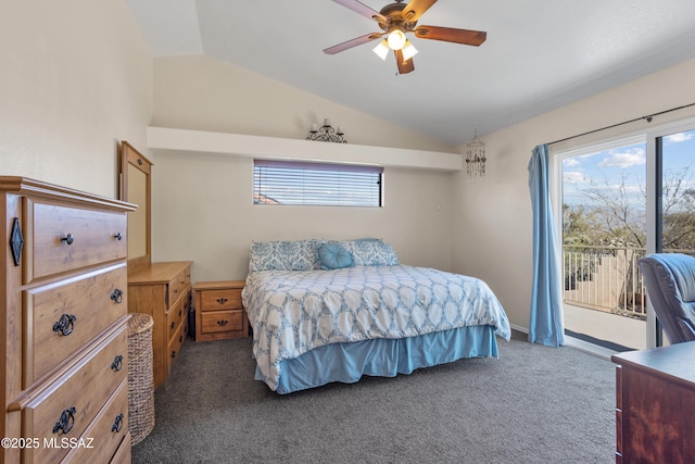 carpeted bedroom featuring multiple windows, access to outside, ceiling fan, and vaulted ceiling