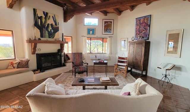 tiled living room with beamed ceiling and wood ceiling