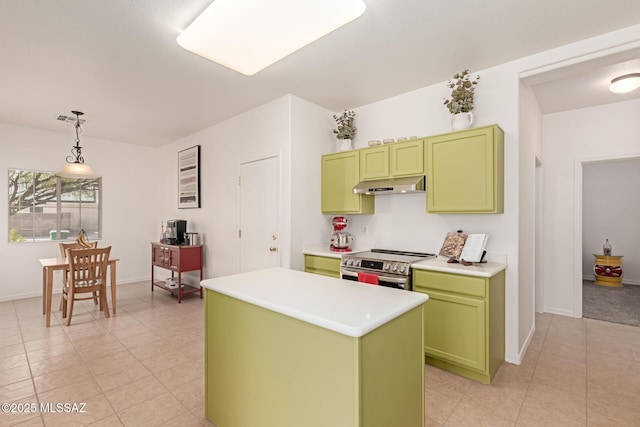 kitchen featuring stainless steel electric range oven, pendant lighting, a center island, and green cabinets