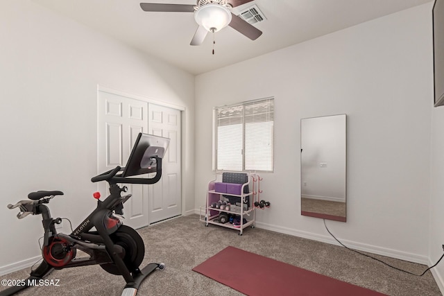 workout area featuring carpet floors and ceiling fan