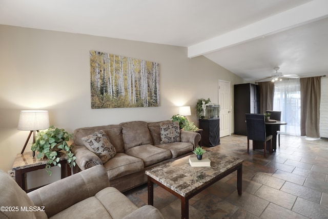 living room with lofted ceiling with beams and ceiling fan