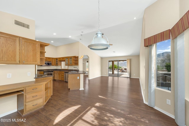 kitchen featuring appliances with stainless steel finishes, decorative light fixtures, a kitchen bar, dark wood-type flooring, and a center island with sink