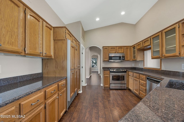 kitchen with dark stone countertops, high vaulted ceiling, stainless steel appliances, and dark hardwood / wood-style floors