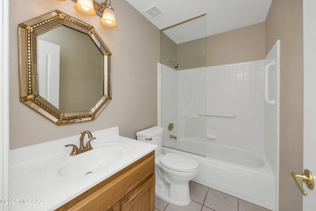 full bathroom with shower / washtub combination, toilet, tile patterned flooring, and vanity