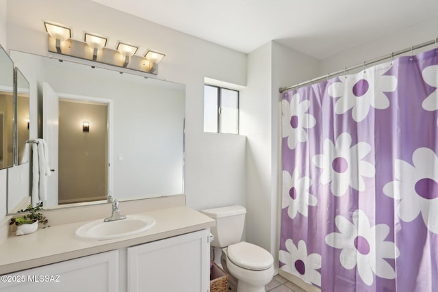2780 W Camino Llano, Tucson, AZ 85742 - full bathroom featuring vanity, a shower with shower curtain, toilet, and tile patterned floors