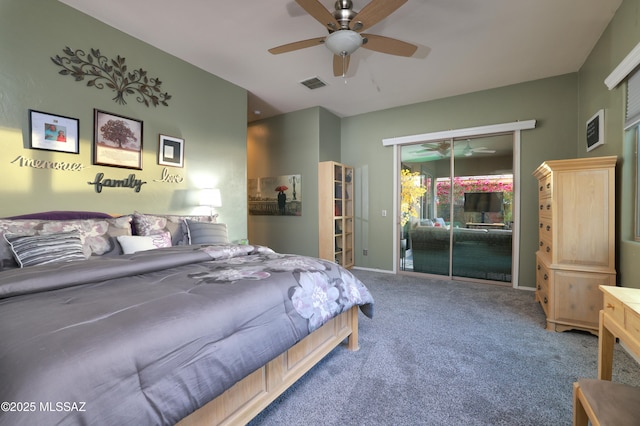 bedroom with carpet floors, access to outside, and ceiling fan