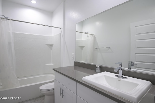 full bathroom with vanity, toilet, and shower / bathtub combination with curtain