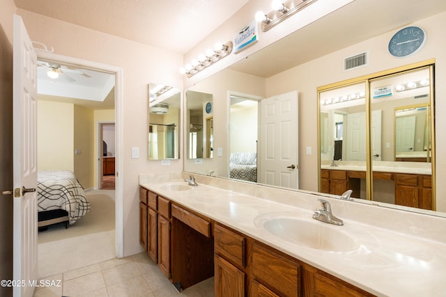 bathroom with vanity, tile patterned floors, and ceiling fan