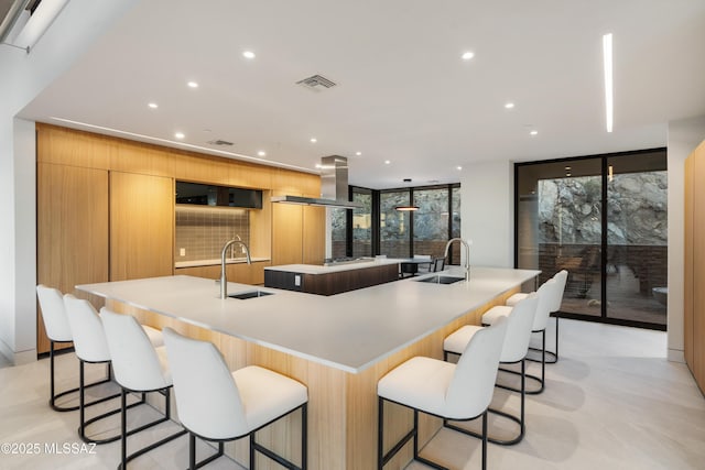 kitchen featuring expansive windows, island exhaust hood, sink, and a large island with sink