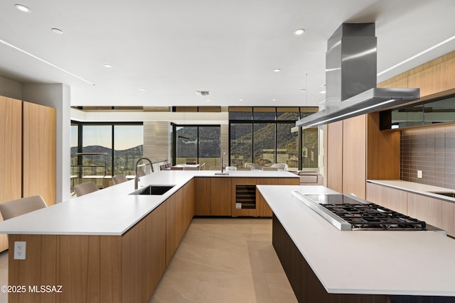 kitchen with stainless steel gas stovetop, a large island, sink, and island range hood