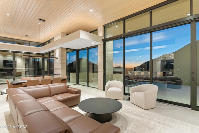 living room with wood ceiling