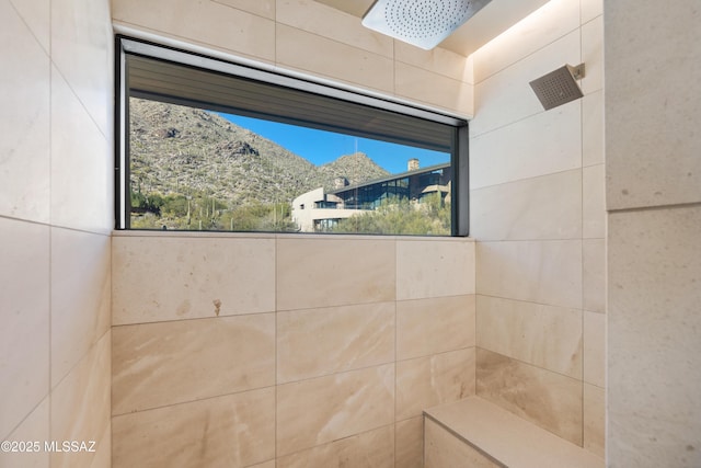 bathroom featuring a mountain view and tiled shower